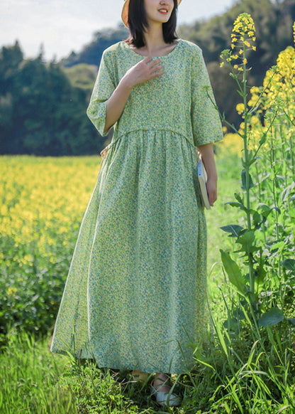 Green O Neck Print Lace Up Cotton Dresses Half Sleeve