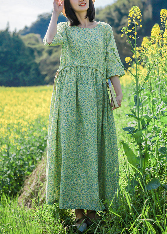 Green O Neck Print Lace Up Cotton Dresses Half Sleeve