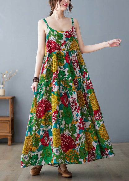 Green O-neck Print Wrinkled Cotton Slip Long Dress Summer