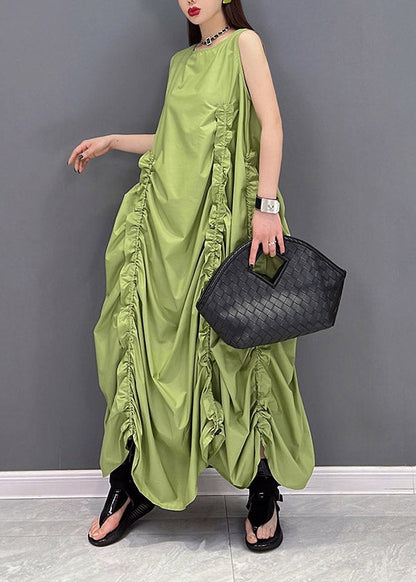 Green O-neck Wrinkled Pockets Chiffon Dresses Sleeveless