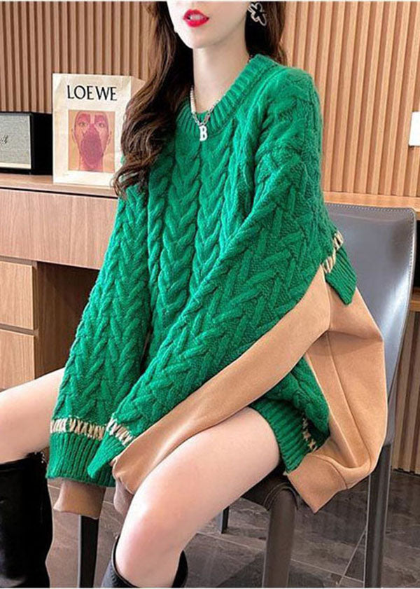Green Oversized Patchwork Cozy Cable Knit Long Sweater Winter