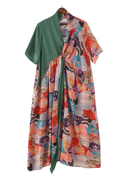 Green Patchwork Print Vacation Summer Chiffon Dress