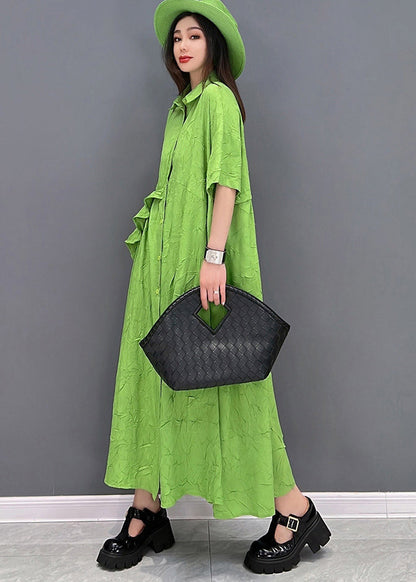 Green Peter Pan Collar Asymmetrical Design Ruffled Vacation Dresses Short Sleeve