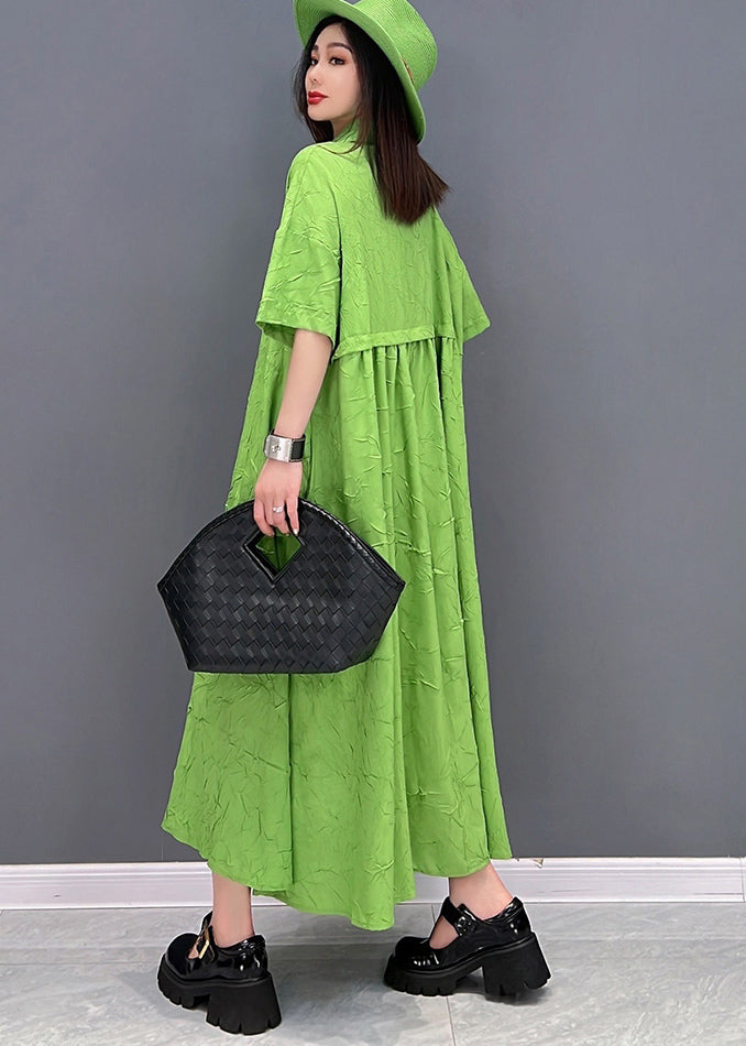 Green Peter Pan Collar Asymmetrical Design Ruffled Vacation Dresses Short Sleeve