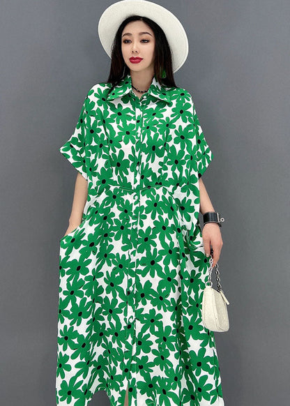 Green Peter Pan Collar Print Shirt Dress Short Sleeve