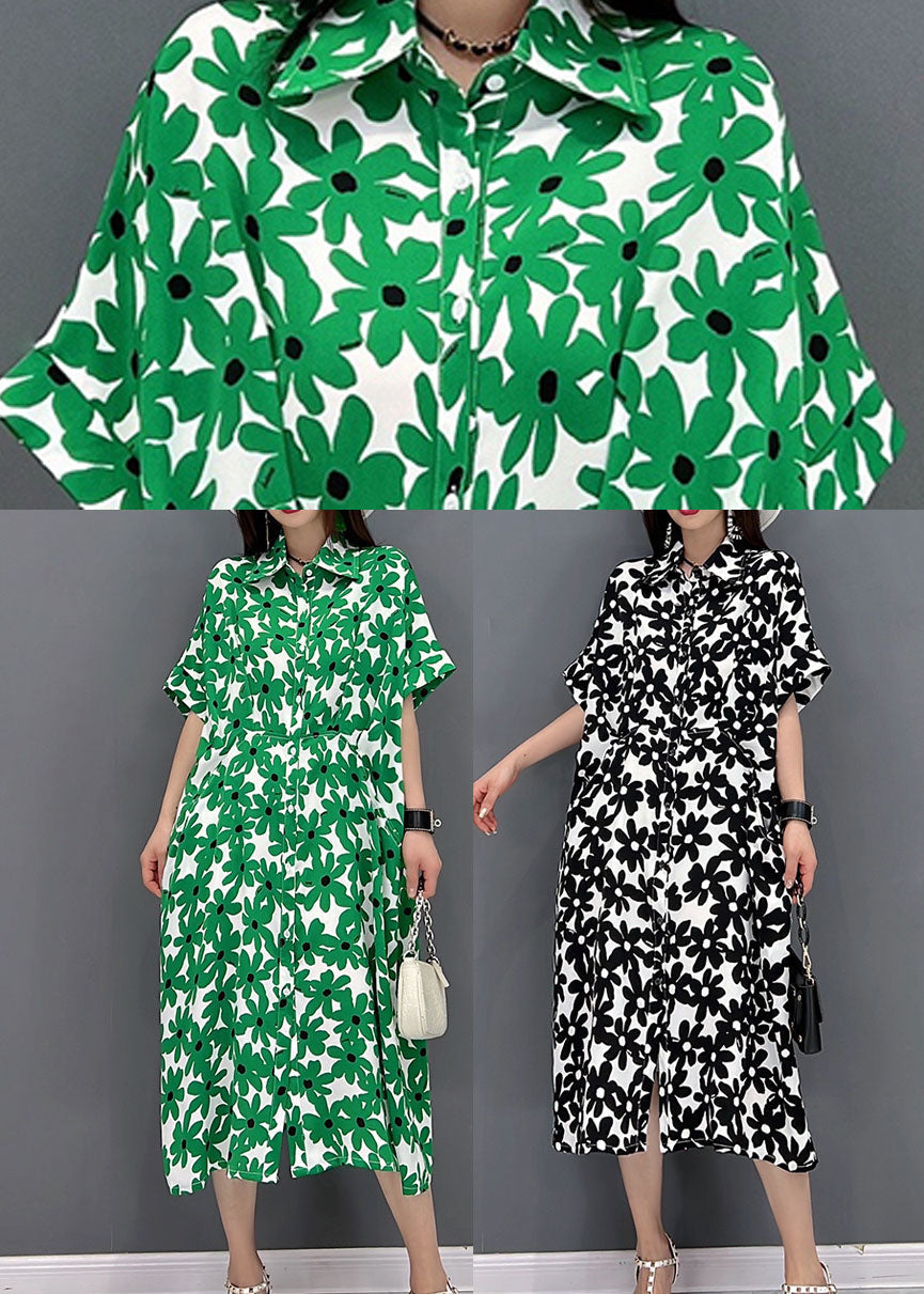 Green Peter Pan Collar Print Shirt Dress Short Sleeve
