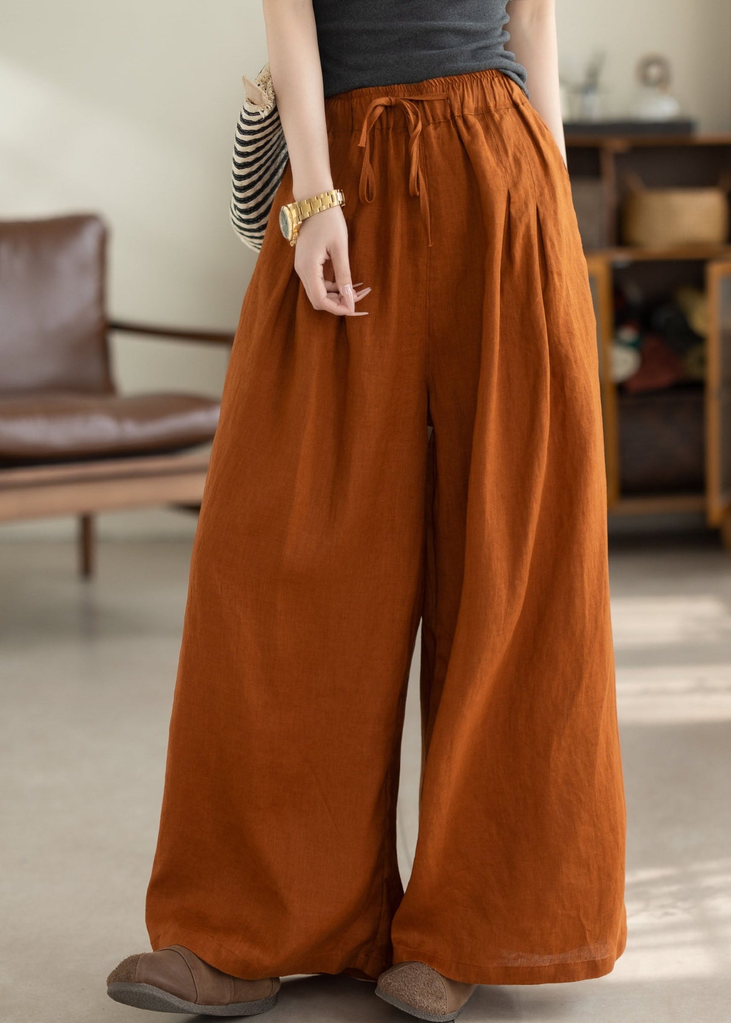 Green Pockets Elastic Waist Linen Pants Summer