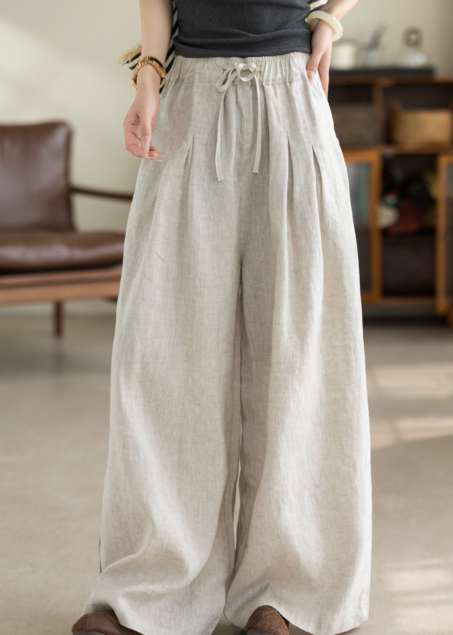 Green Pockets Elastic Waist Linen Pants Summer