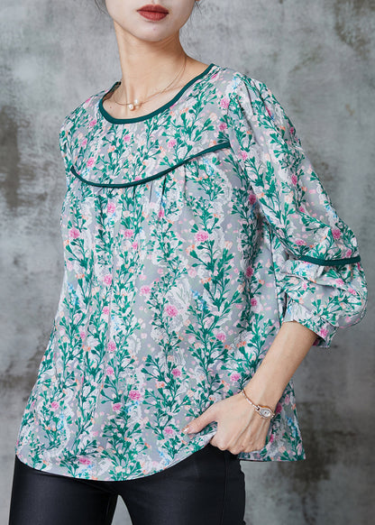 Green Print Chiffon Loose Shirt Spring