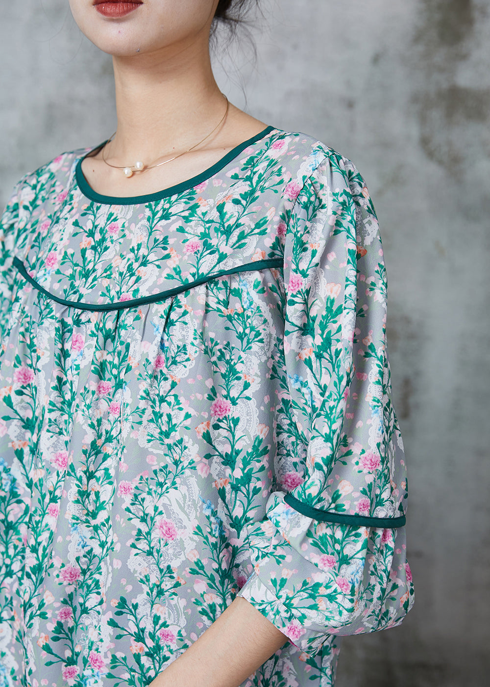 Green Print Chiffon Loose Shirt Spring
