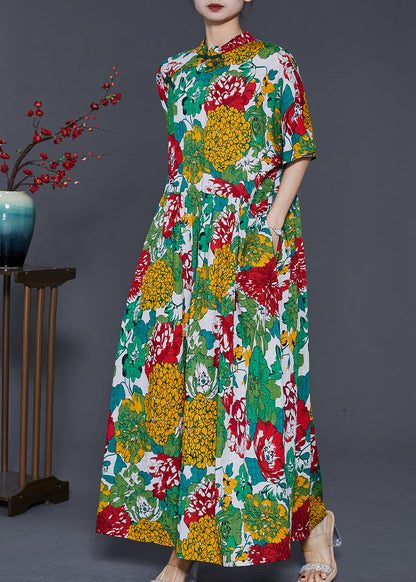 Green Print Chinese Button Cotton Long Dresses Summer