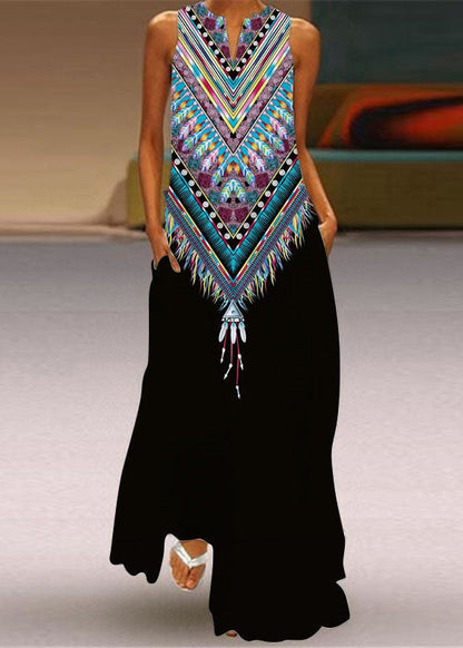 Green Print Pockets Chiffon Beach Dress Sleeveless