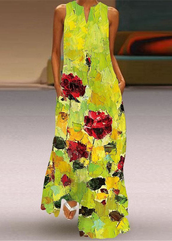 Green Print Pockets Chiffon Beach Dress Sleeveless