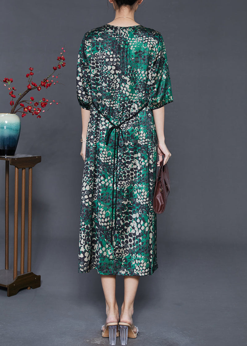 Green Print Tie Waist Silk Dress Summer