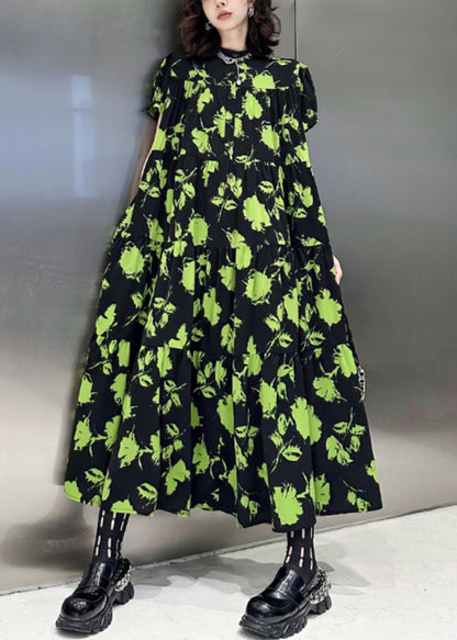 Green Print Wrinkled Patchwork Cotton Long Dresses Summer