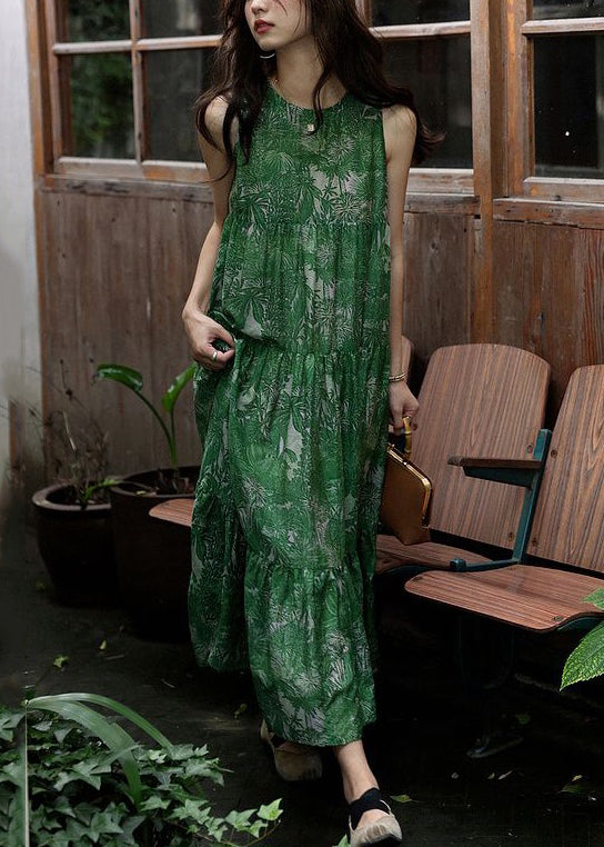 Green Print Wrinkled Silk Cotton Dress Sleeveless