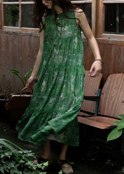 Green Print Wrinkled Silk Cotton Dress Sleeveless