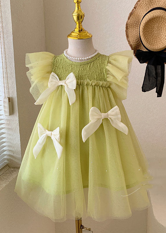 Green Ruffled Bow Patchwork Tulle Kids Princess Dress Summer