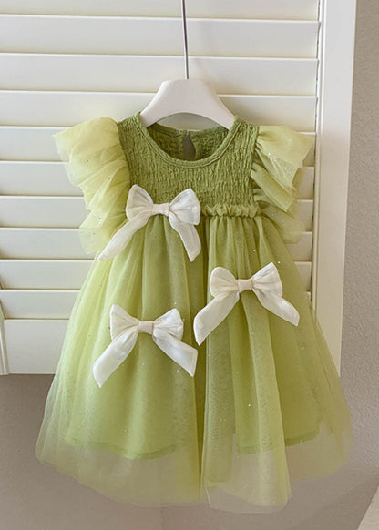 Green Ruffled Bow Patchwork Tulle Kids Princess Dress Summer