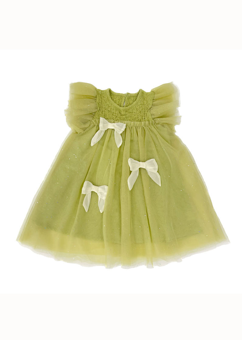Green Ruffled Bow Patchwork Tulle Kids Princess Dress Summer