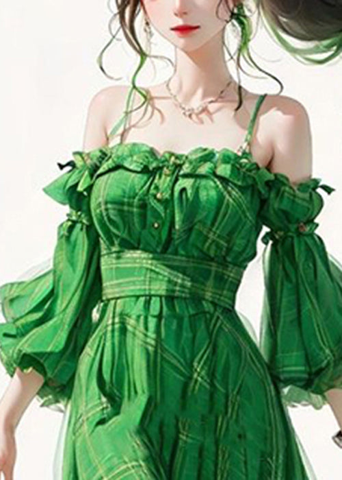 Green Ruffled Patchwork Cotton Spaghetti Strap Dresses Flare Sleeve