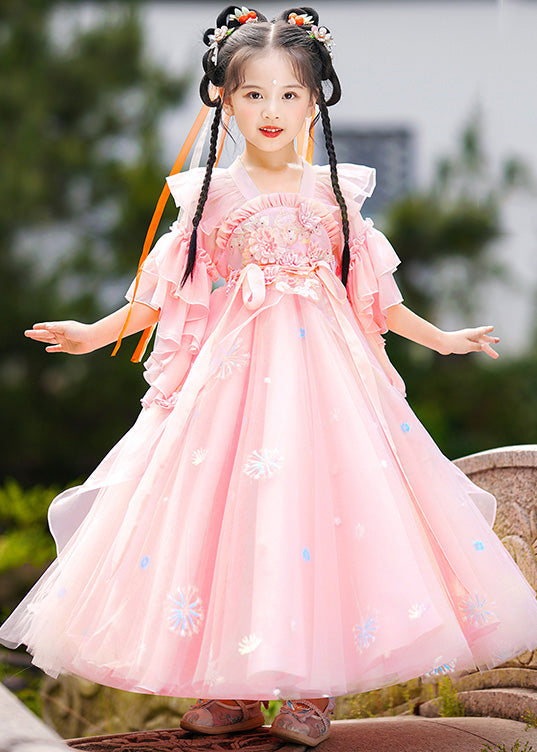 Green Ruffled Patchwork Snow Embroideried Tulle Kids Long Dress Summer
