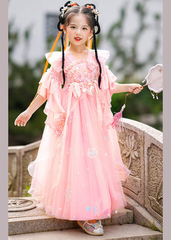 Green Ruffled Patchwork Snow Embroideried Tulle Kids Long Dress Summer