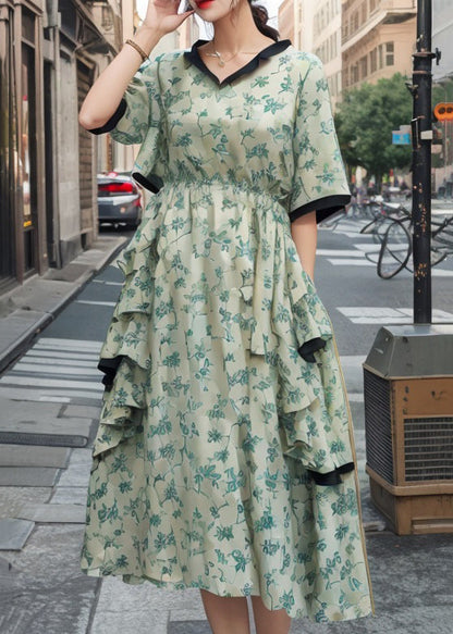 Green Ruffled Pockets Cotton Dresses Summer