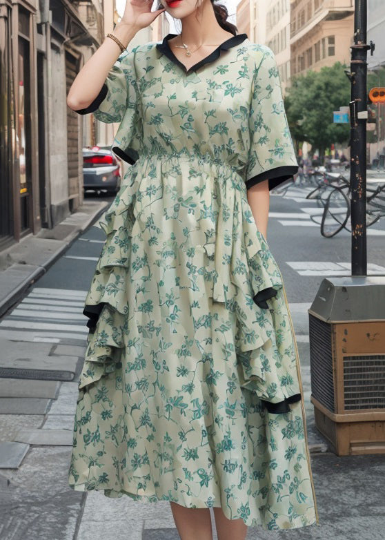 Green Ruffled Pockets Cotton Dresses Summer