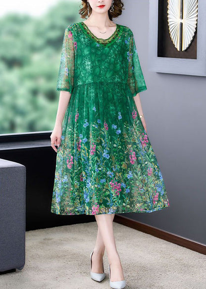 Green Ruffled Print Tulle Dress Half Sleeve