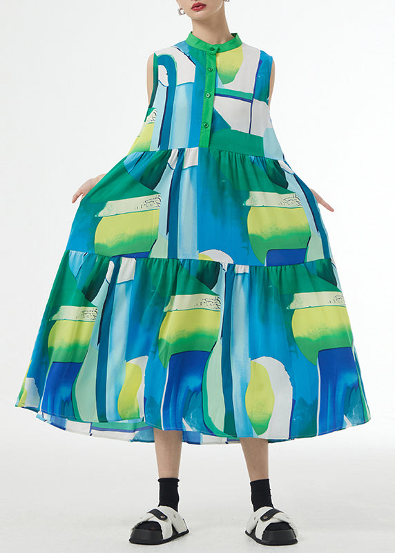 Green Stand Collar Print Patchwork Cotton Party Long Dresses Sleeveless