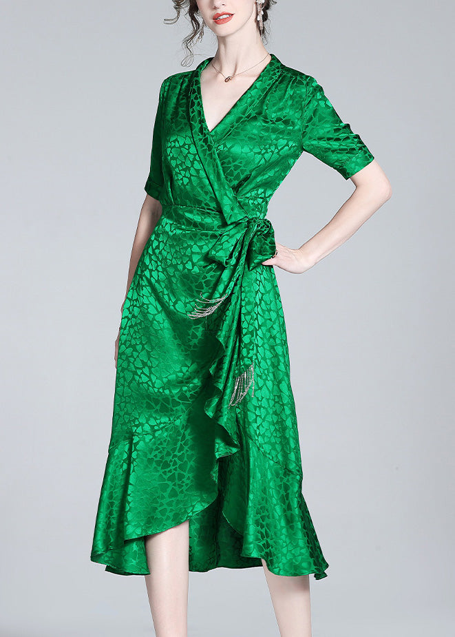 Green V Neck Print Bow Tunic Maxi Dress Short Sleeve