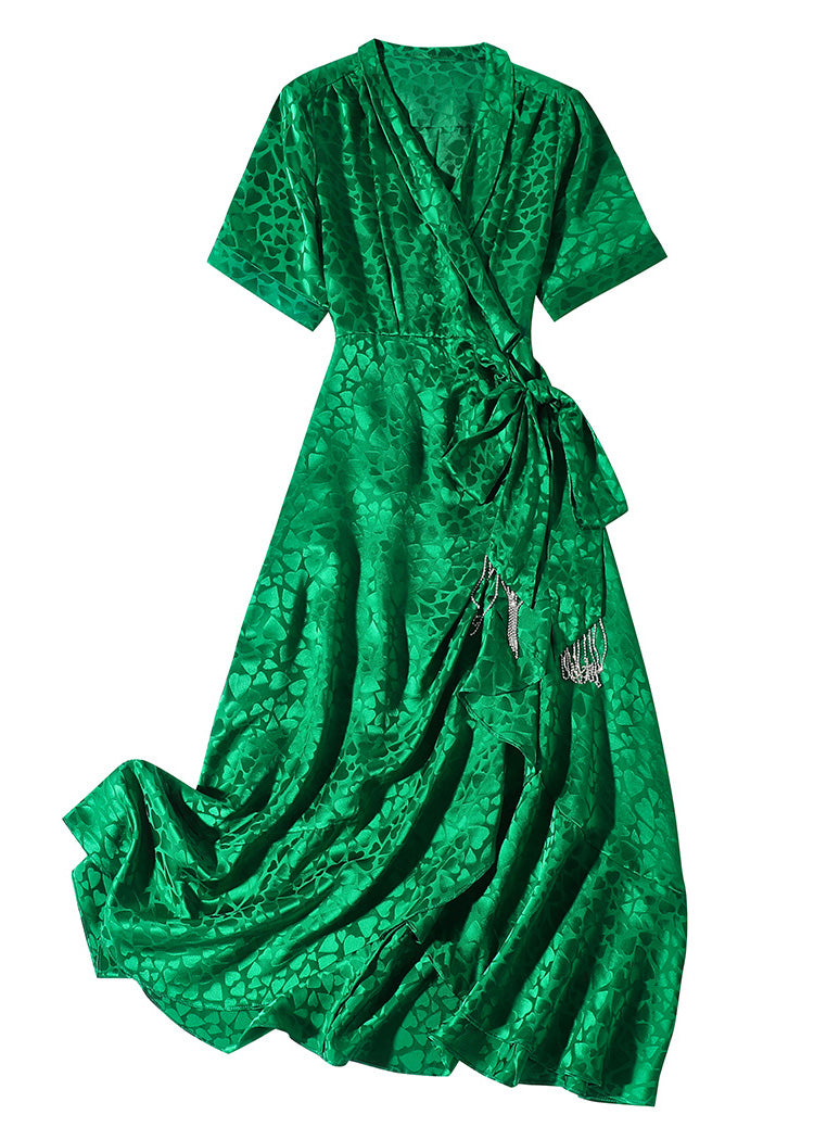 Green V Neck Print Bow Tunic Maxi Dress Short Sleeve