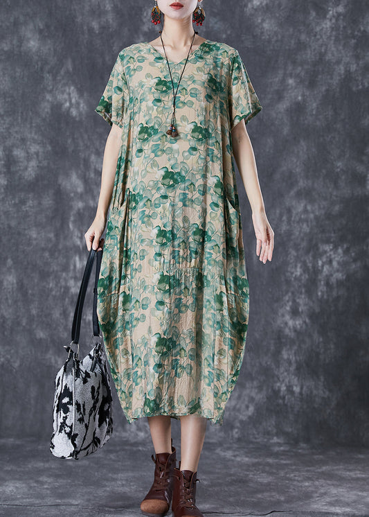 Green V Neck Print Linen Robe Dresses Summer