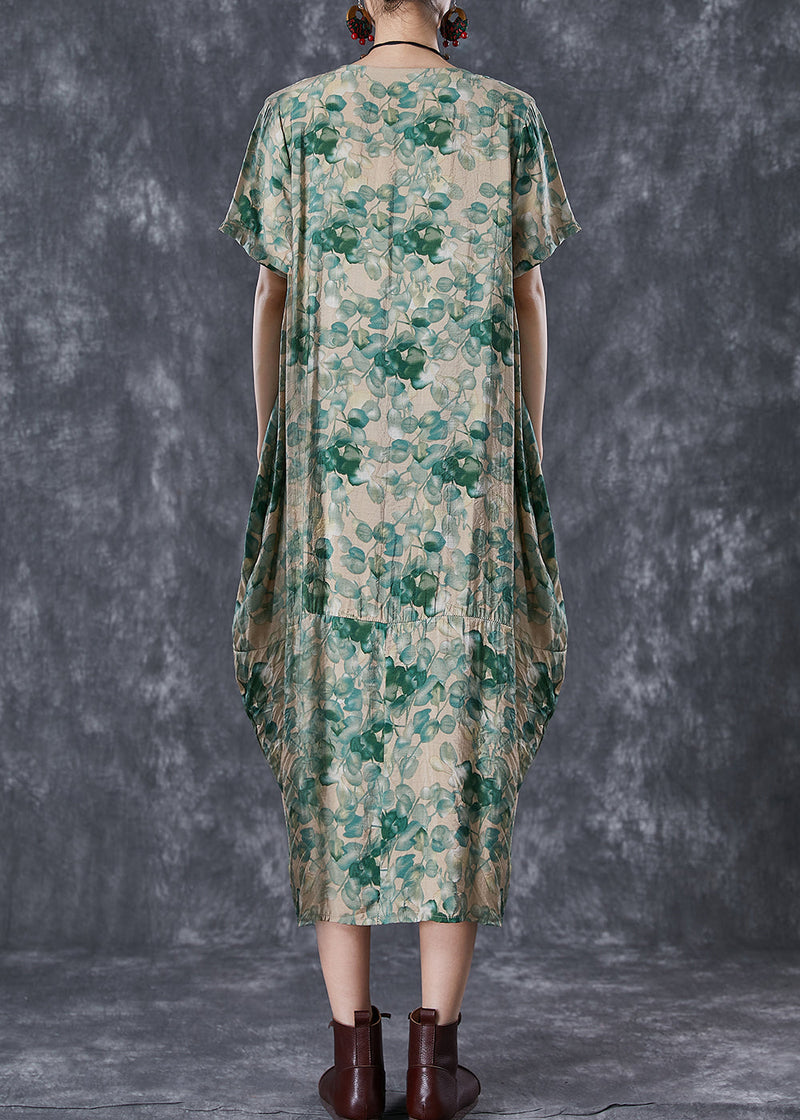 Green V Neck Print Linen Robe Dresses Summer