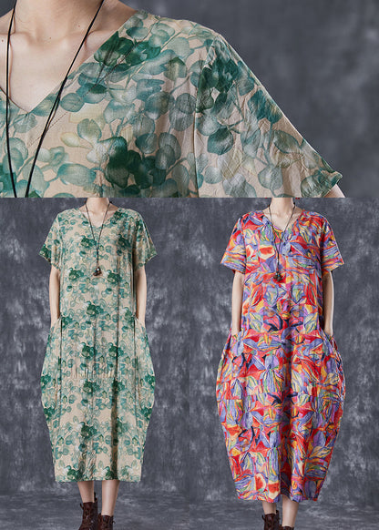 Green V Neck Print Linen Robe Dresses Summer