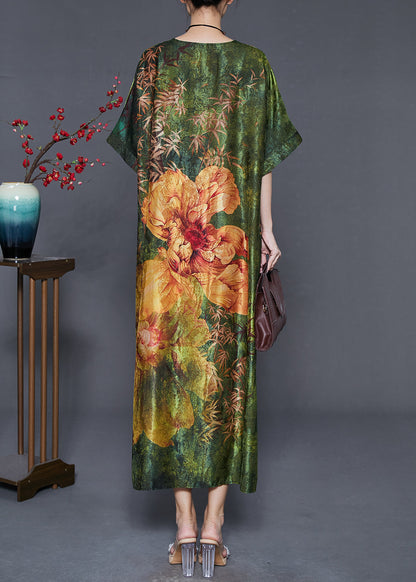 Green V Neck Print Silk Robe Dresses Summer