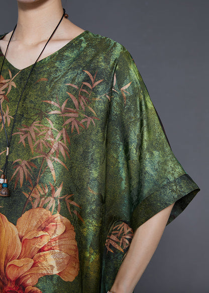 Green V Neck Print Silk Robe Dresses Summer