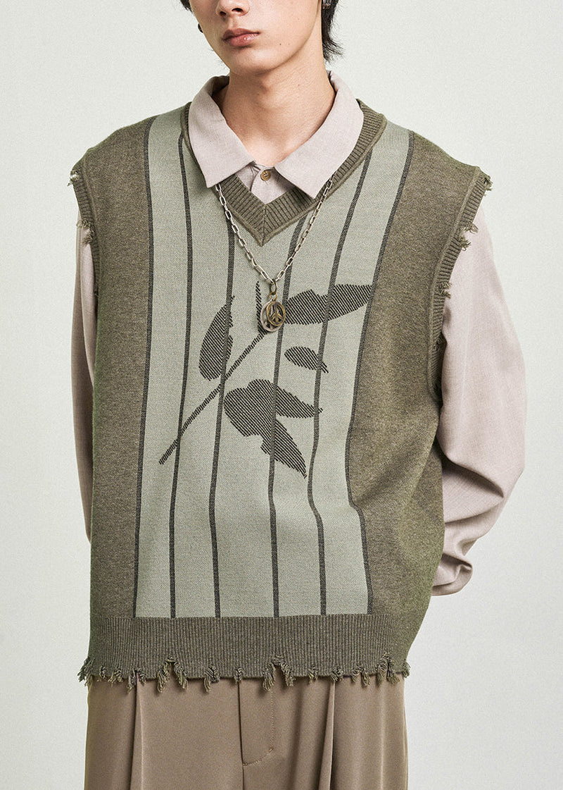 Green V Neck Print Thick Knit Waistcoat Fall