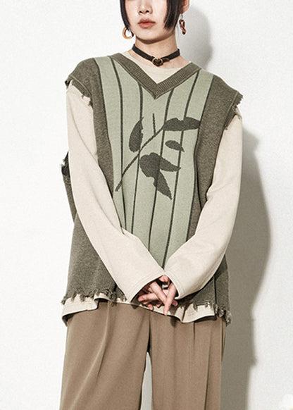 Green V Neck Print Thick Knit Waistcoat Fall