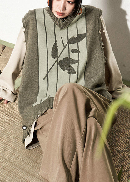 Green V Neck Print Thick Knit Waistcoat Fall