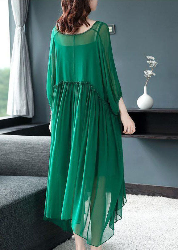 Green V Neck Ruffled Wrinkled Chiffon Party Dress Bracelet Sleeve