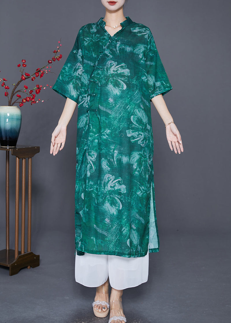 Green V Neck Tie Dye Linen Long Dress Summer