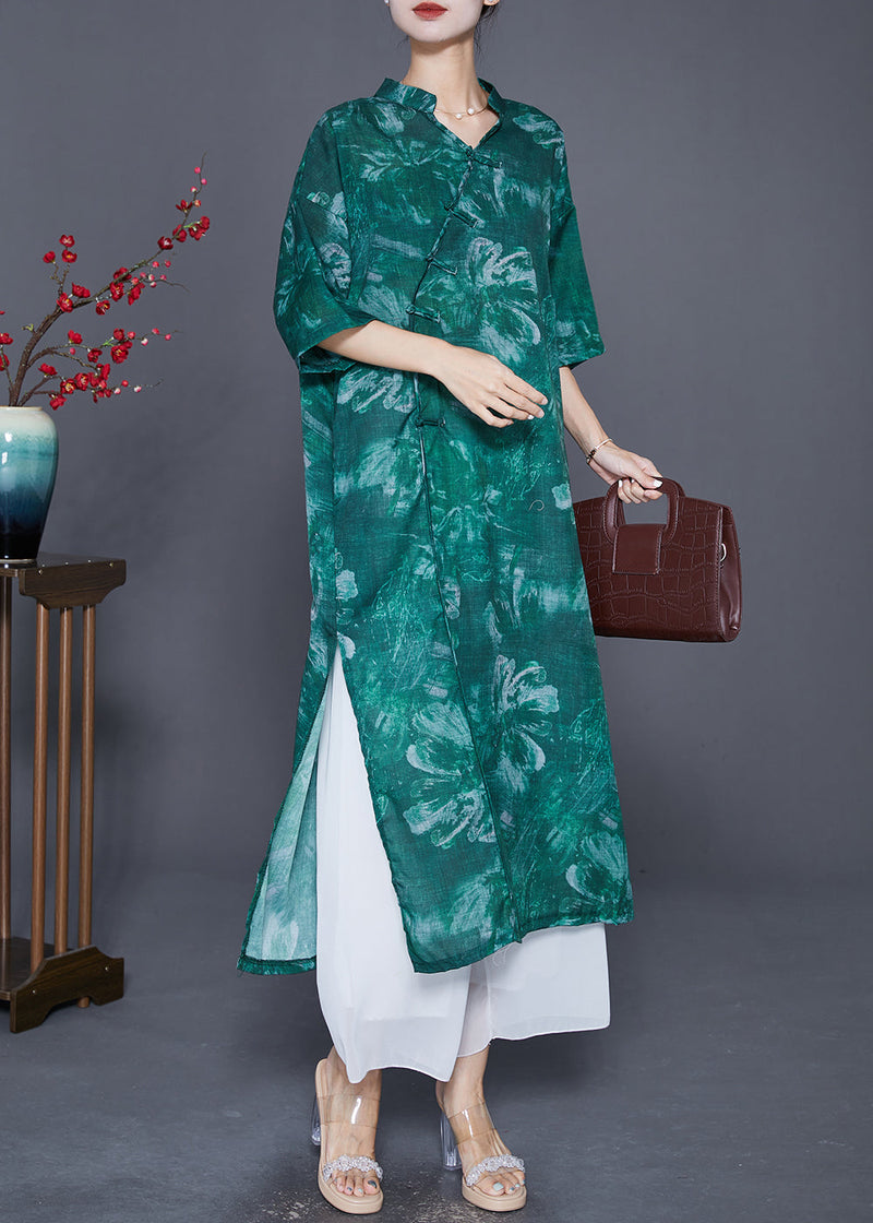 Green V Neck Tie Dye Linen Long Dress Summer