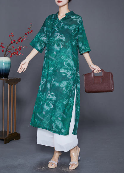 Green V Neck Tie Dye Linen Long Dress Summer