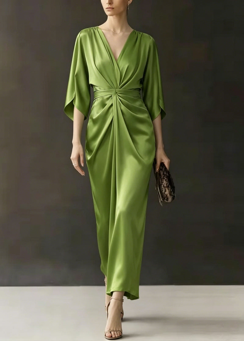 Green V Neck Wrinkled Silk Dress Batwing Sleeve