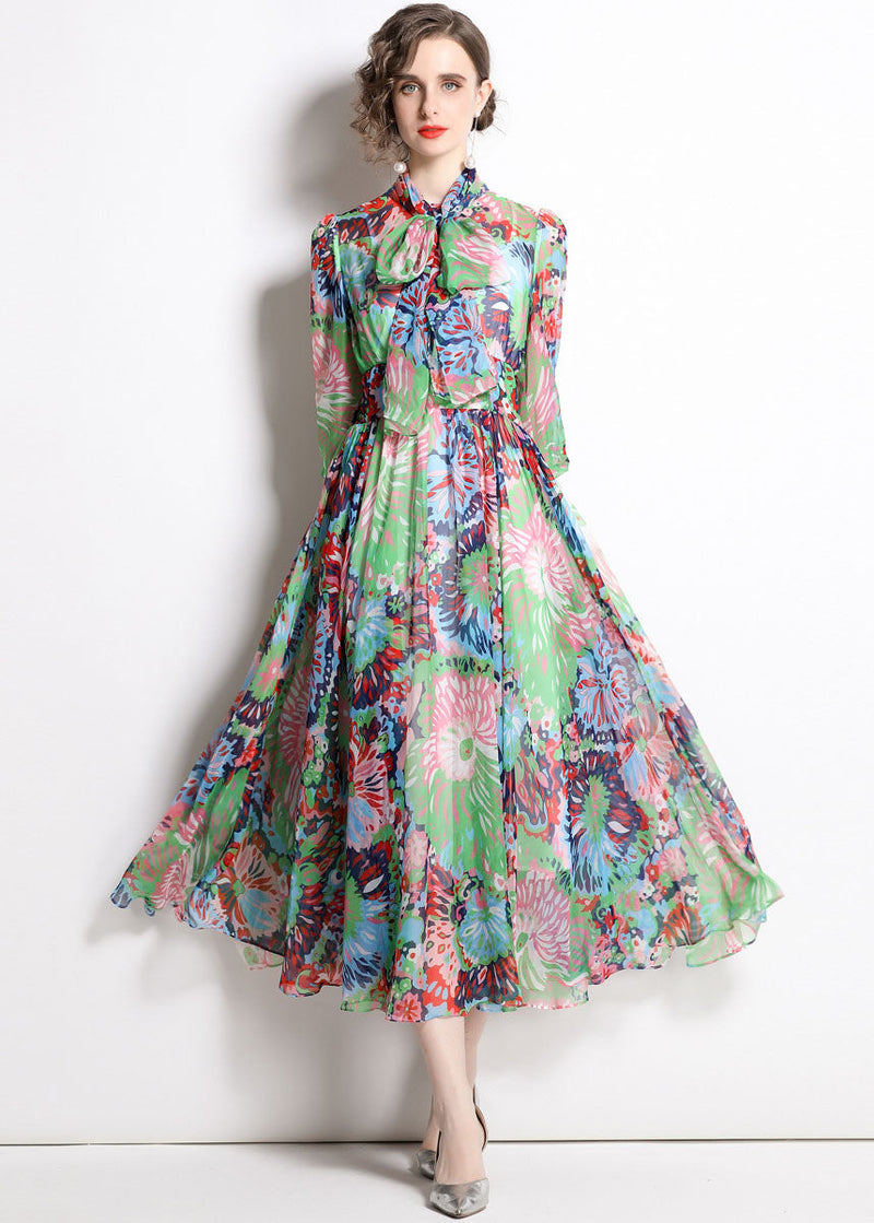 Green Zip Up Print Chiffon Cinch Dress Half Sleeve