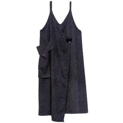 Grey Asymmetrical Design Corduroy Cotton Sundress