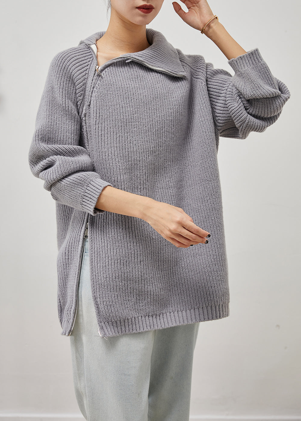 Grey Asymmetrical Zip Up Thick Knit Sweater Tops Winter