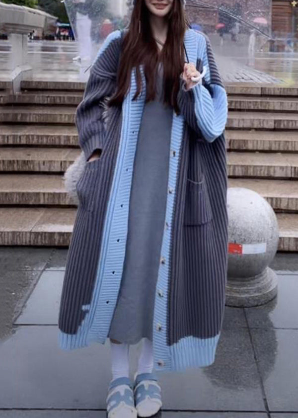 Grey Blue V Neck Pockets Button Knit Loose Cardigan Fall